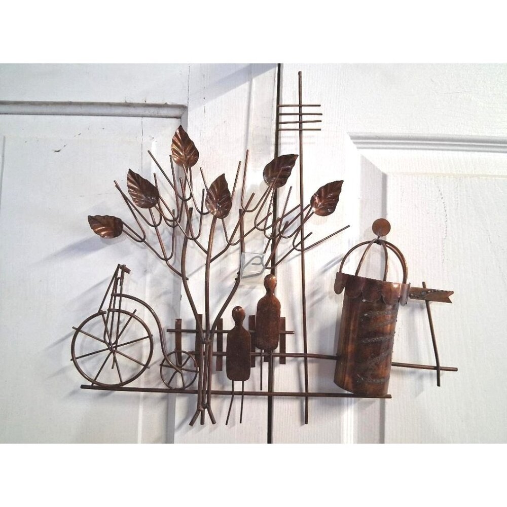Vintage Emesco 1974 Copper Wall Art With Bicycle Tree & People Scene Made In Hon